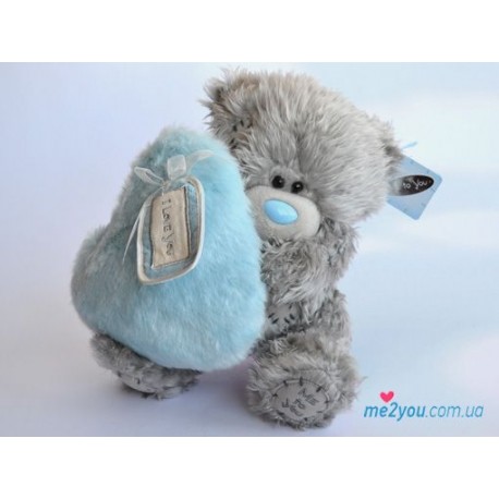 Мишка Тедди держит голубое меховое сердечко I love you (G01W2006)