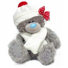 Мишка Me to you в белых шапке с помпоном и шарфе 25 см (G01W3030)