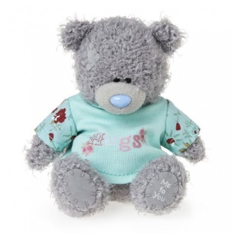 Мишка Ми ту ю в голубой рубашке с надписью HUGS 10 см (G01W3560)