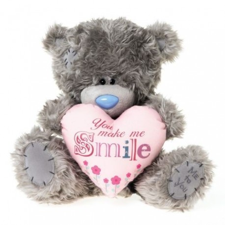 Мишка Тедди держит розовое сердце с надписью YOU MAKE ME SMILE 25 см (G01W3193)